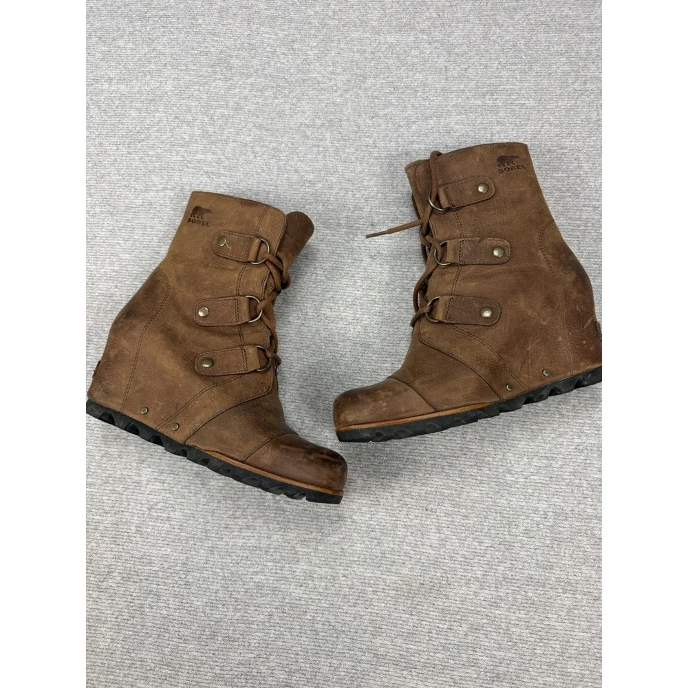 Sorel‎ Joan of Arctic Wedge II Brown Leather Lace Up Ankle Boots Womens 8 NL2305